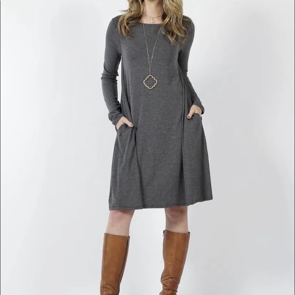 PREMIUM LONG SLEEVE FLARE DRESS WITH POCKETS